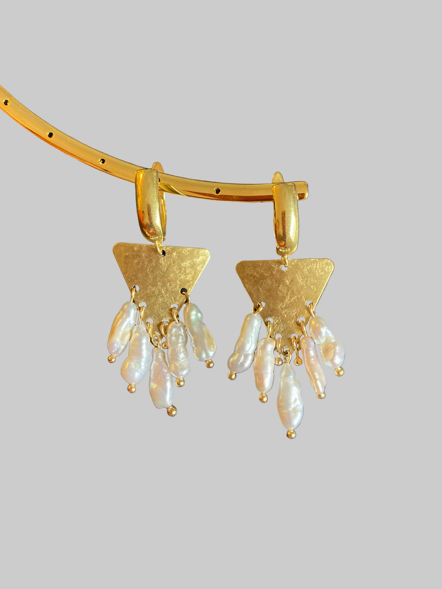 Tulum•Unique Hand Hammered Golden Geometric Freshwater Pearl Earrings