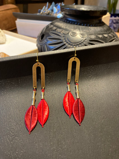 Kisses• Handmade Red Silky Thread Tree Leaf Earrings – Shiny Statement Artisan Jewelry