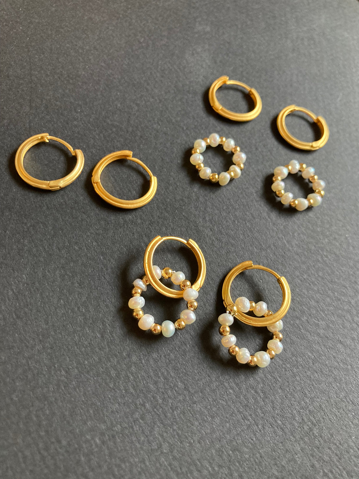Matte Gold Textured Huggies Earrings w/Freshwater Pearl Wreath