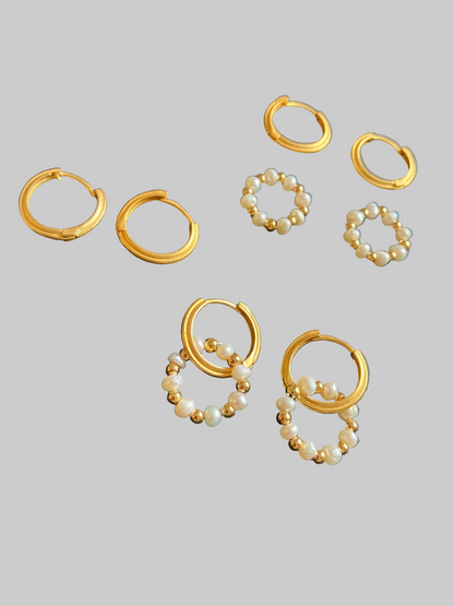 Matte Gold Textured Huggies Earrings w/Freshwater Pearl Wreath