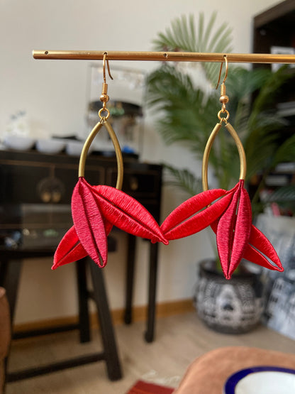 Lourdes•Unique Design Statement Handmade Silky Thread Red Floral Earrings