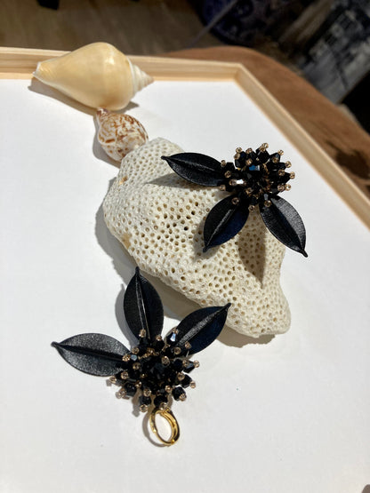 Elegant Handmade Shiny Black Beads Silky Thread Leaf Floral Earrings