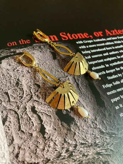 Aztec-Tulum•Unique Freshwater Pearl Golden Geometric Hand Hammered Brass Earrings