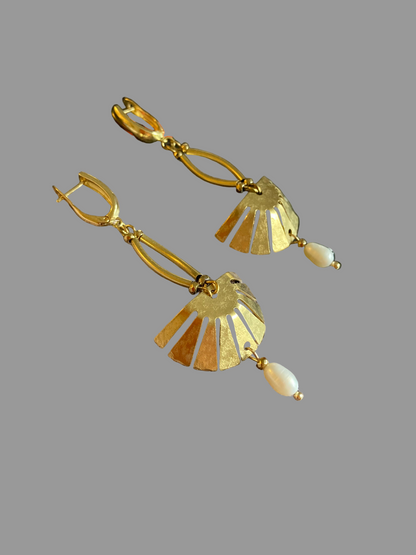 Aztec-Tulum•Unique Freshwater Pearl Golden Geometric Hand Hammered Brass Earrings