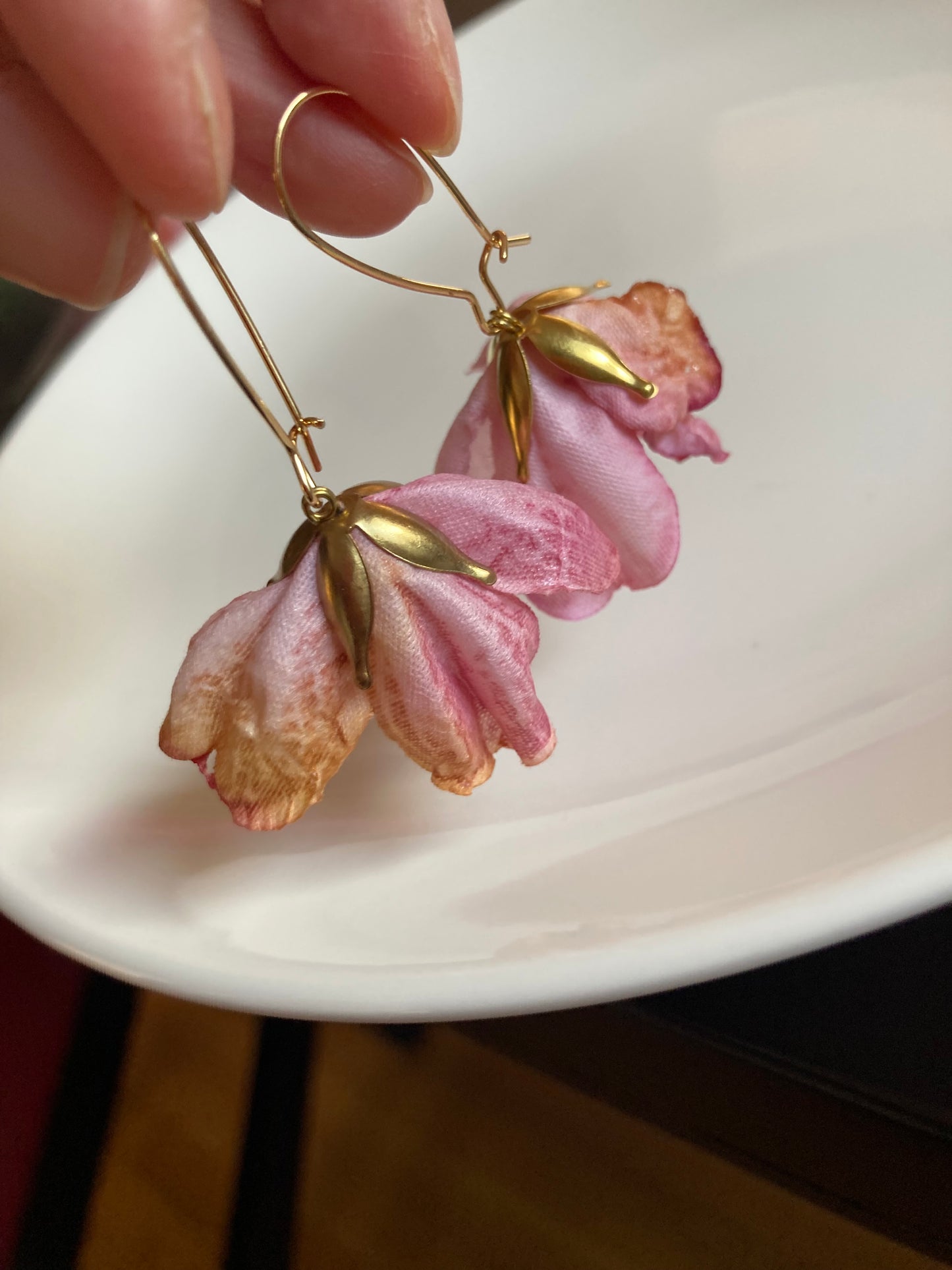 Hand-dyed Pink Fabric Cherry Blossom Earrings-One of a kind