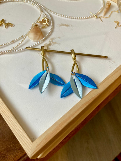 Statement Hand-wrapped Silky Thread Mixed Sky Blue Tree Leaf Floral Earrings