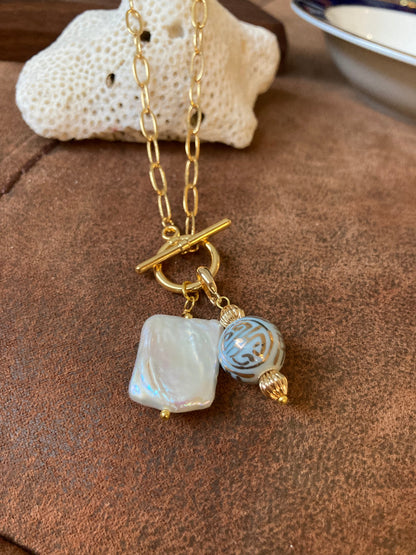 Esperanza•Unique Design Interchangeable Golden Necklace with Natural Baroque Pearl & Hand Painted Ancient Chinese Character of Long-Life Ceramic Bead