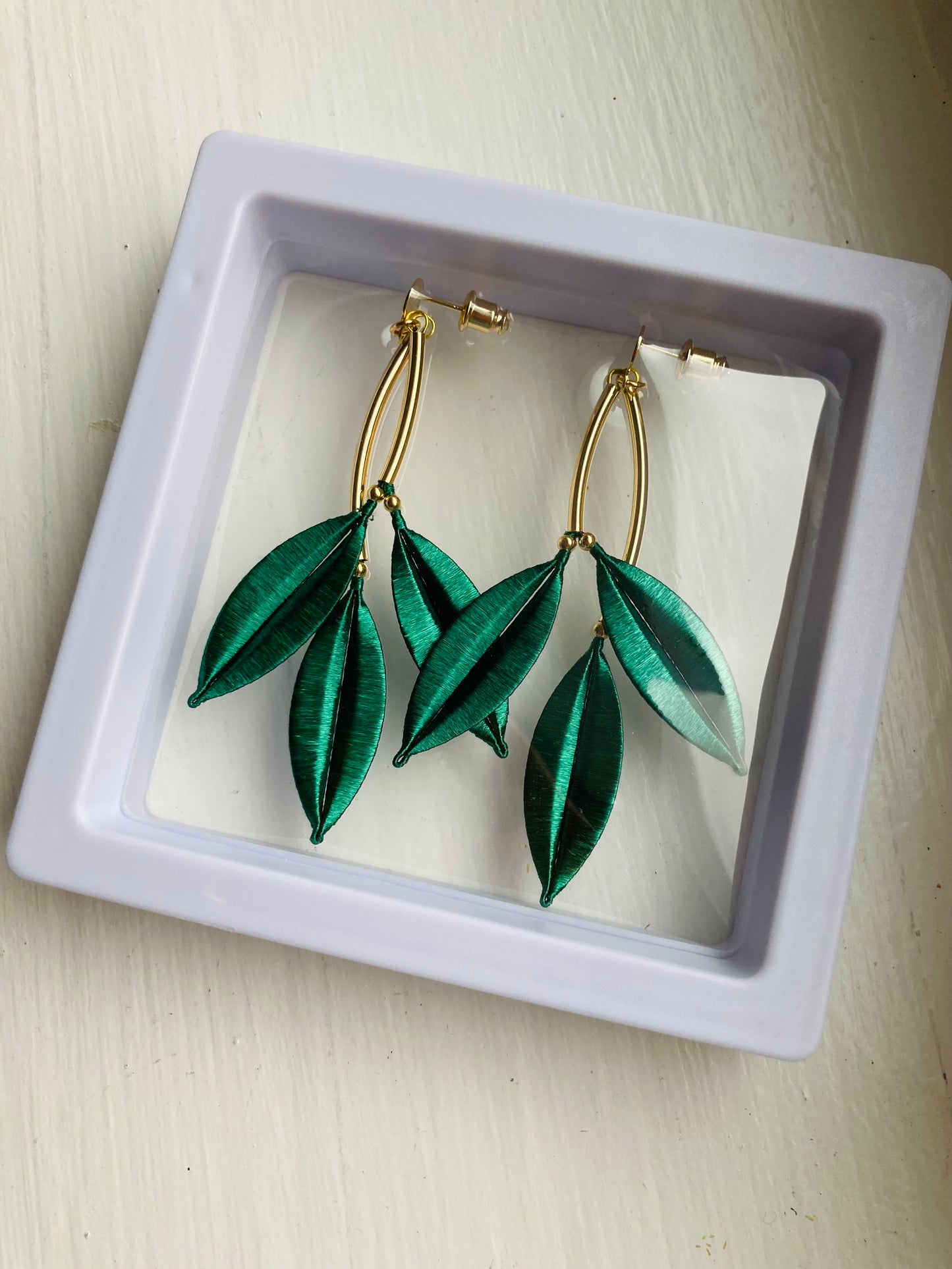 Statement Golden Hand-wrapped Silky Green Leaf Floral Earrings