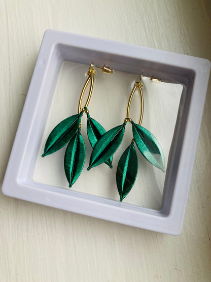 Statement Handmade Tree Leaf Floral Earrings with Hand-Wrapped Silky Threads