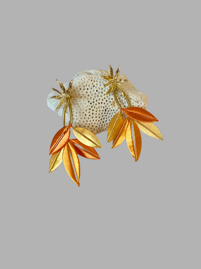 Unique Versatile Design Silky Thread Orange Gold Floral Gold Studs Earrings-Handmade Cultural Jewelry