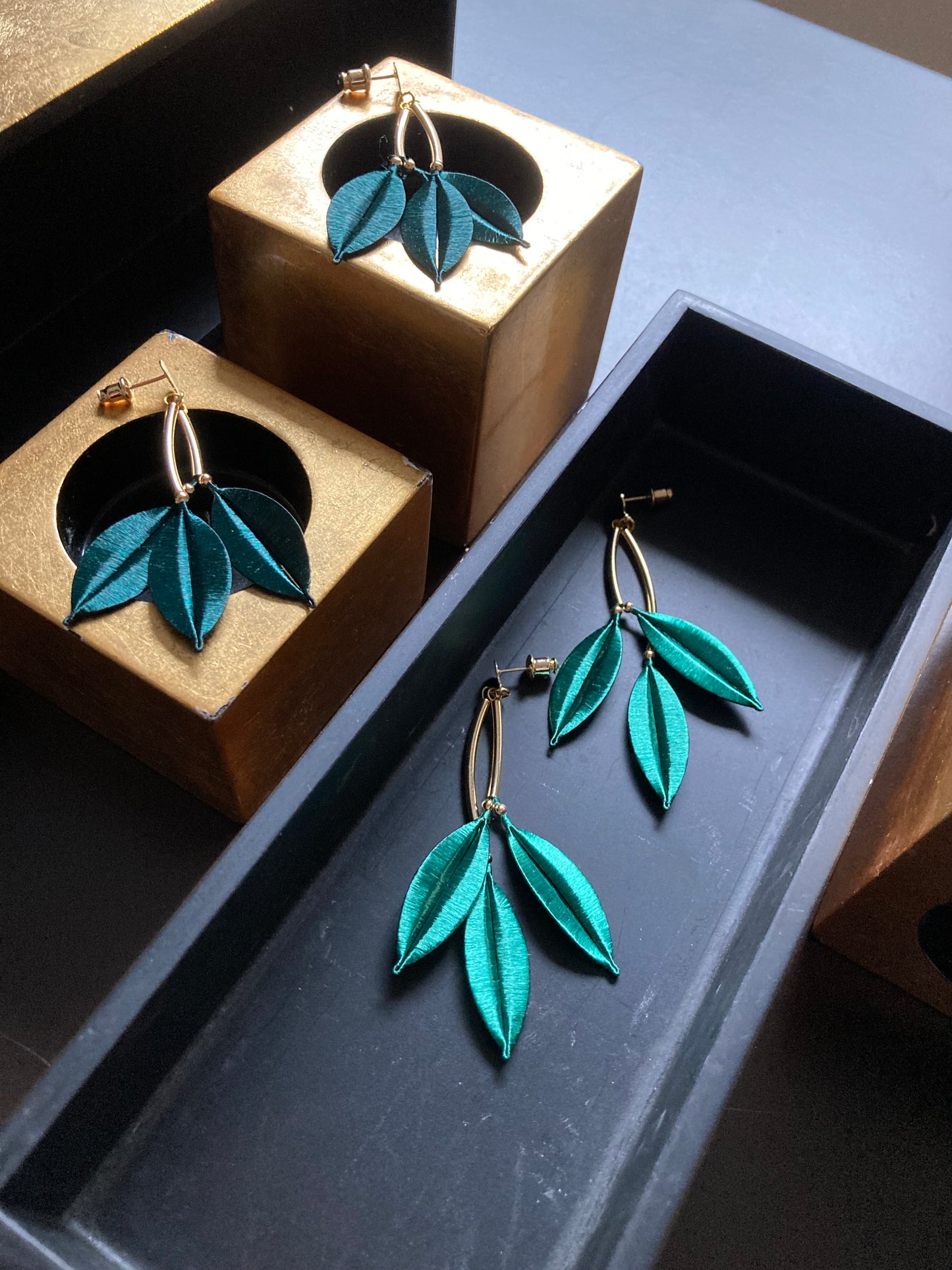 Statement Golden Hand-wrapped Silky Green Leaf Floral Earrings