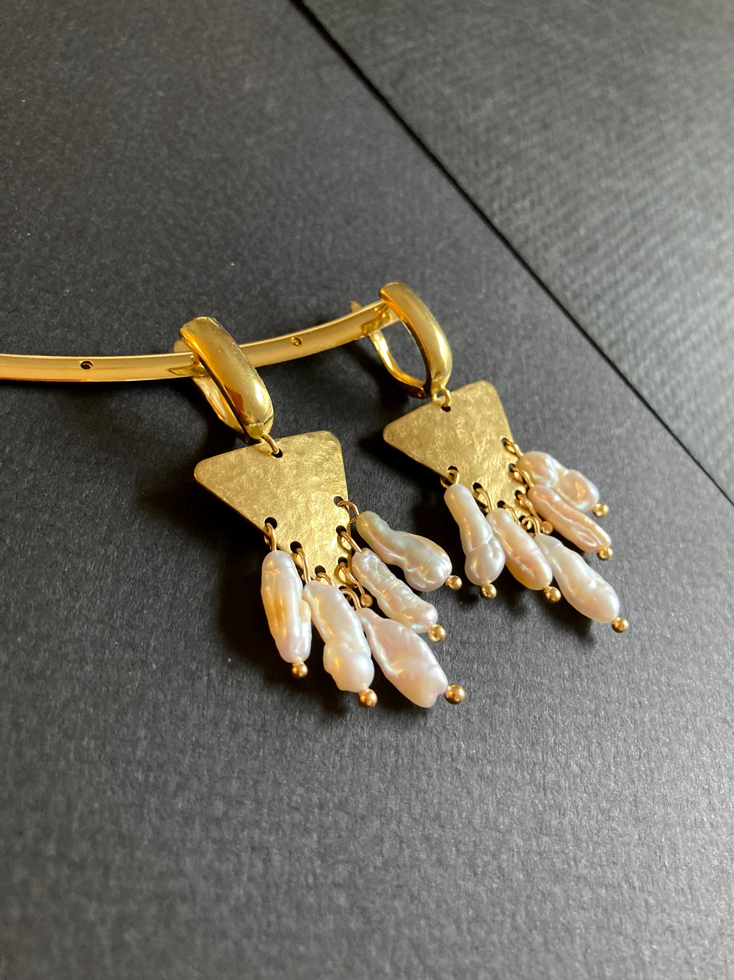 Tulum•Unique Hand Hammered Golden Geometric Freshwater Pearl Earrings