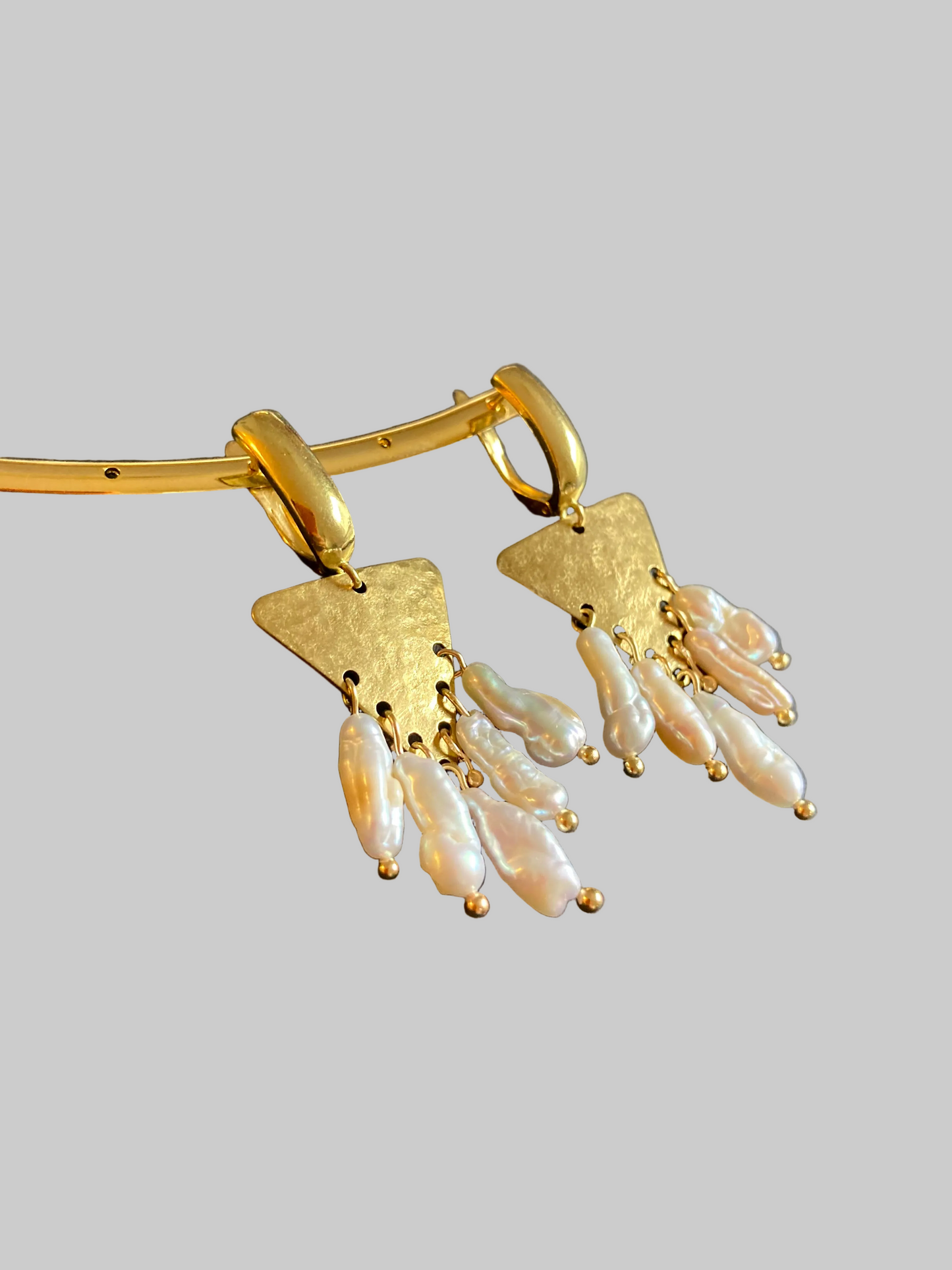 Tulum•Unique Hand Hammered Golden Geometric Freshwater Pearl Earrings