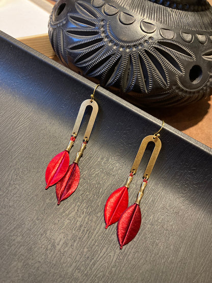 Kisses• Handmade Red Silky Thread Tree Leaf Earrings – Shiny Statement Artisan Jewelry