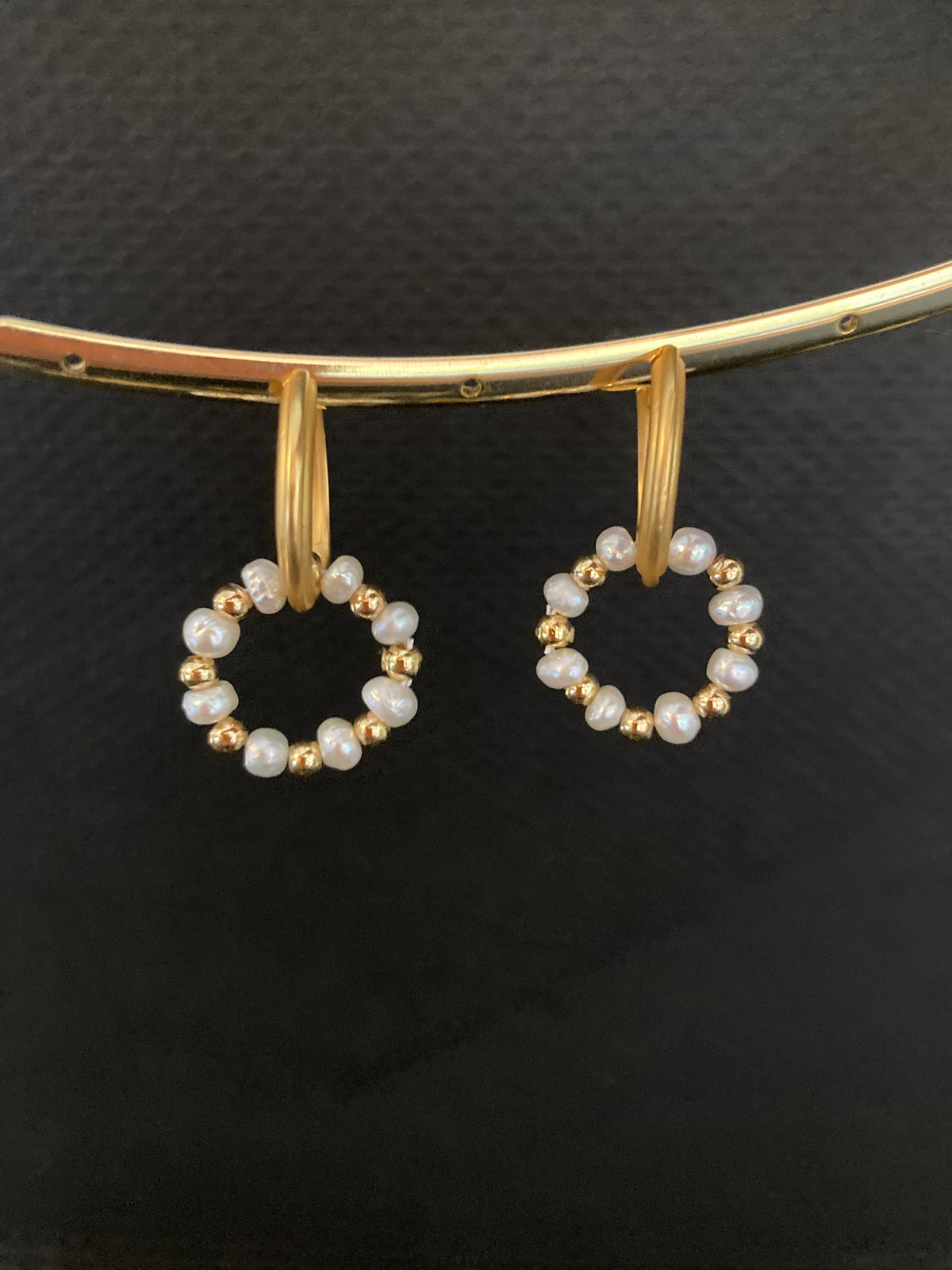 Matte Gold Textured Huggies Earrings w/Freshwater Pearl Wreath