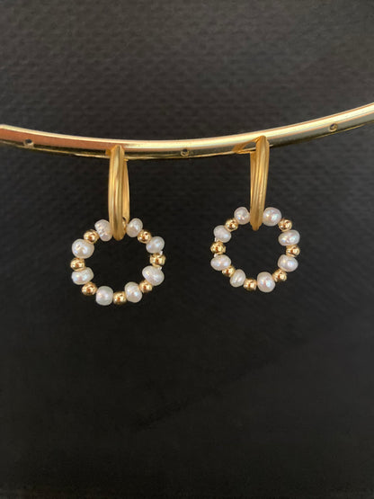 Matte Gold Textured Huggies Earrings w/Freshwater Pearl Wreath