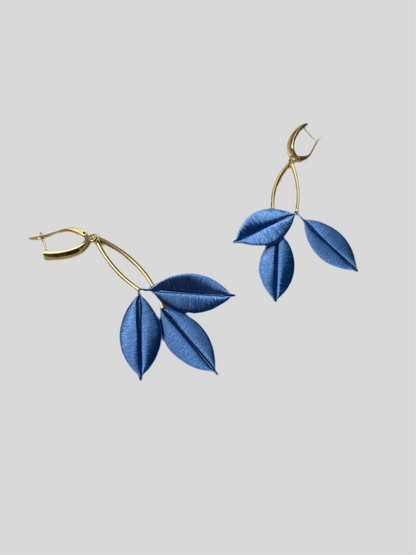 Ocean Blue Unique Design Statement Silky Floral Dangling Stud Earrings-Handmade