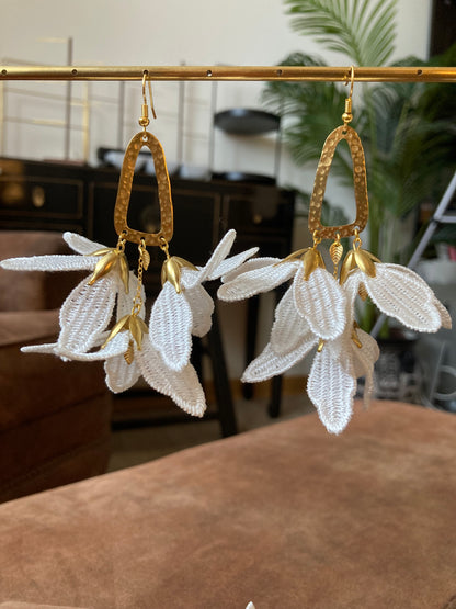 Erika•Statement White Floral Flamingo Earrings