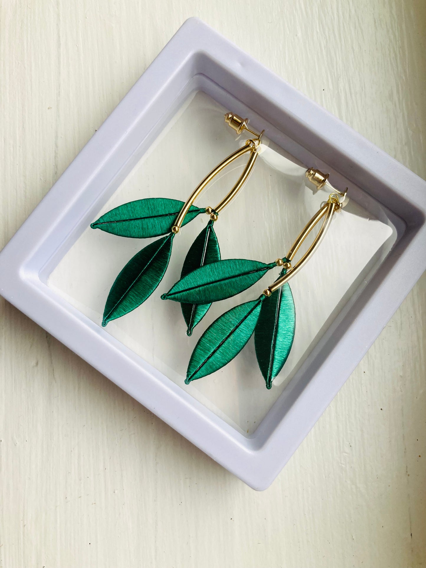 Statement Golden Hand-wrapped Silky Green Leaf Floral Earrings