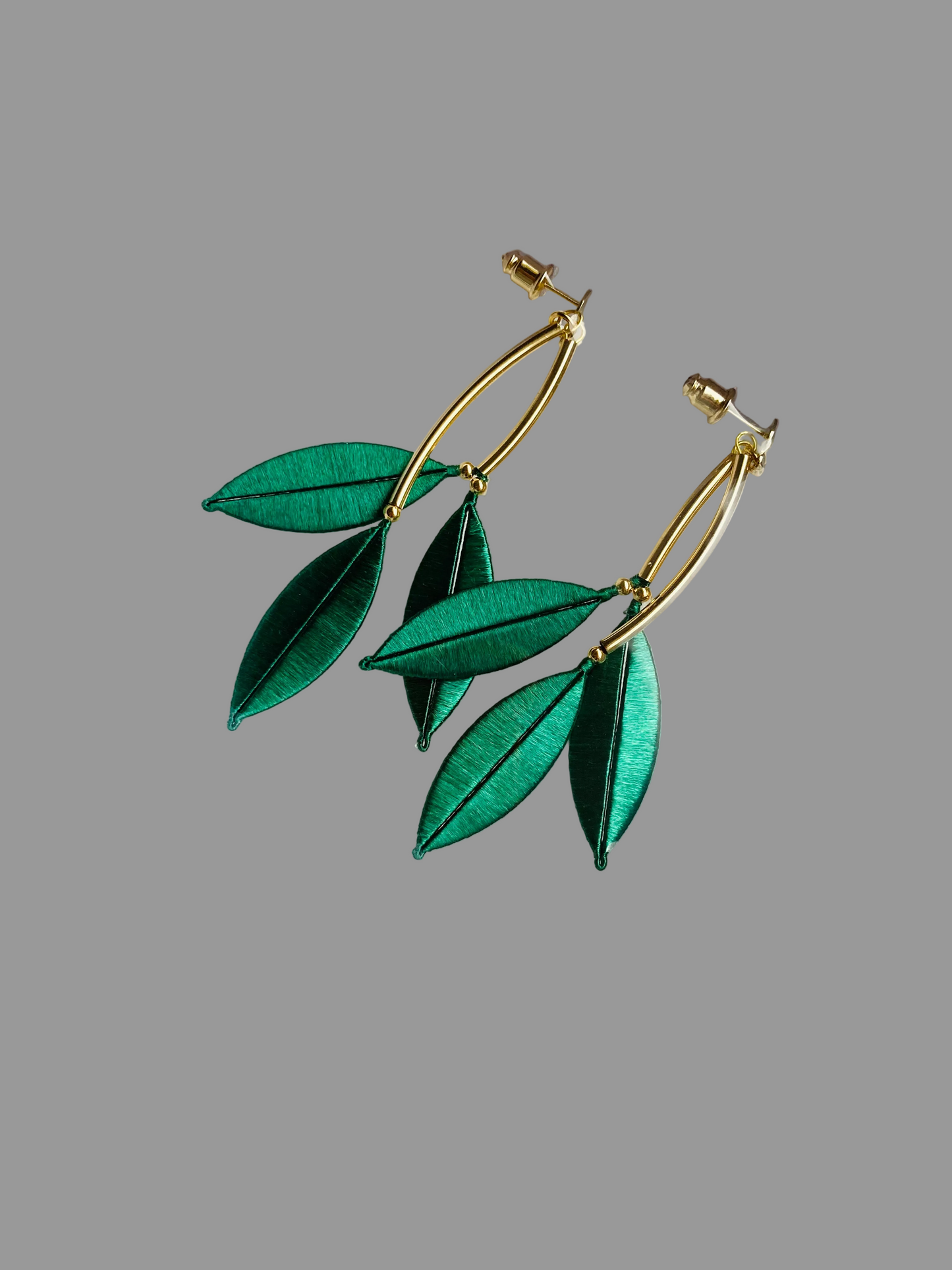 Statement Golden Hand-wrapped Silky Green Leaf Floral Earrings