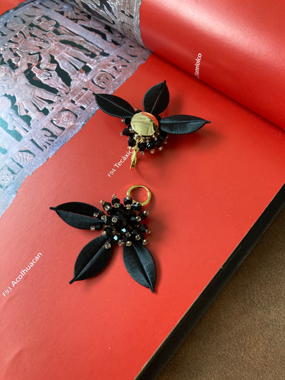 Elegant Handmade Shiny Black Beads Silky Thread Leaf Floral Earrings
