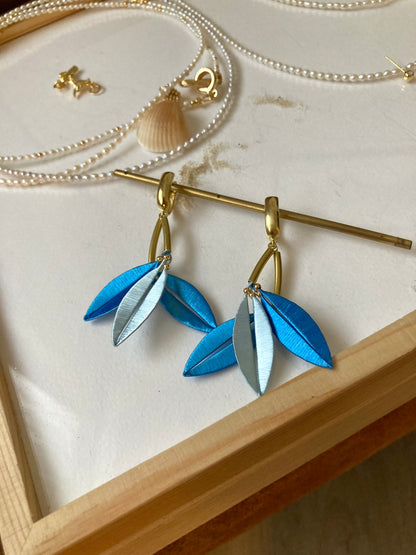 Statement Hand-wrapped Silky Thread Mixed Sky Blue Tree Leaf Floral Earrings
