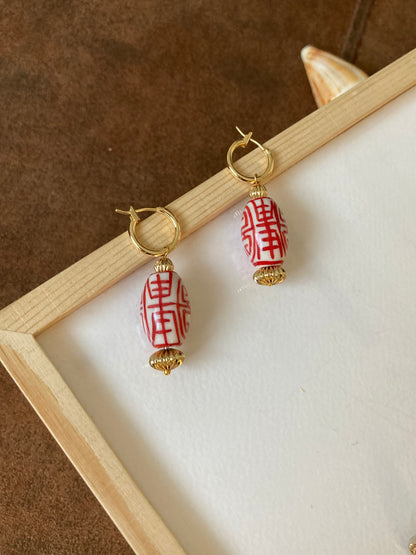 Interchangeable Huggies Earrings with Hand Painted Ceramic Ancient Character of Long-Life Ceramic Beads