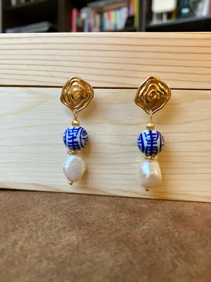 Statement Golden Stud Earrings in Freshwater Pearl & Hand Painted Ancient Character of Long-Life Ceramic Beads
