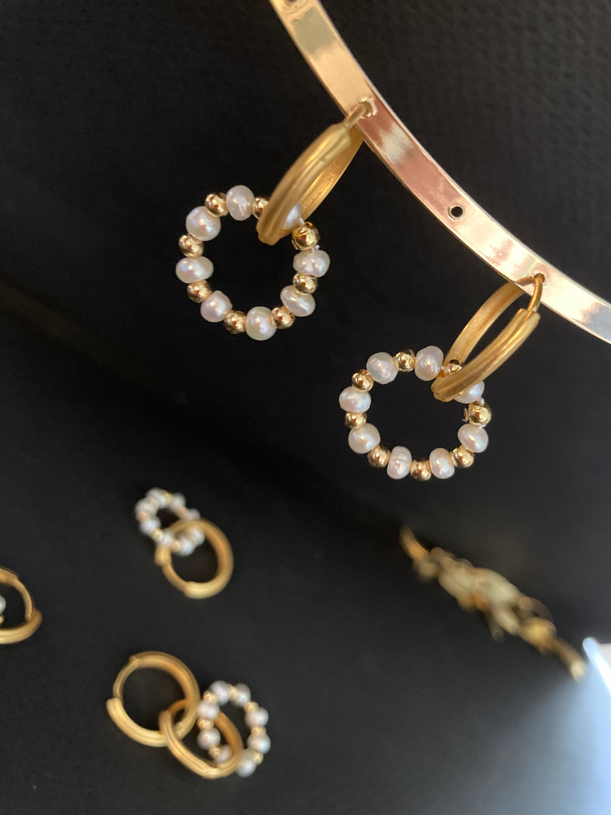 Matte Gold Textured Huggies Earrings w/Freshwater Pearl Wreath