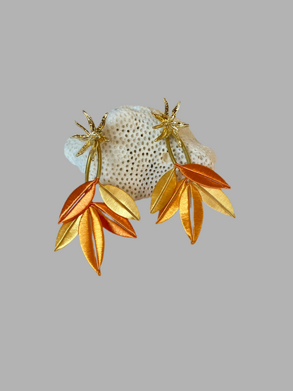 Unique Versatile Design Silky Thread Orange Gold Floral Gold Studs Earrings-Handmade Cultural Jewelry