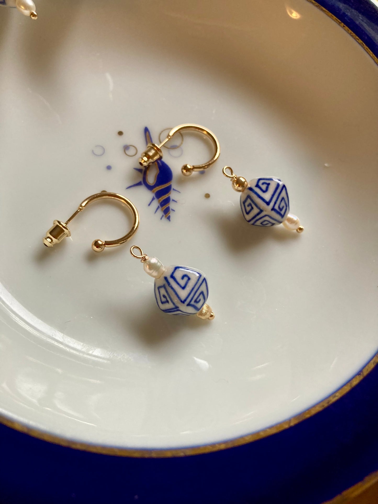 Interchangeable Modern Design Golden Huggie Earrings with Hand Painted Ancient Pattern