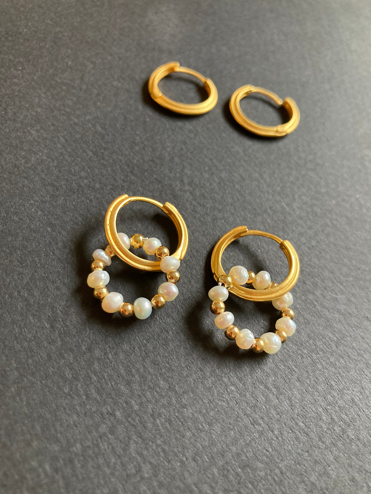 Matte Gold Textured Huggies Earrings w/Freshwater Pearl Wreath