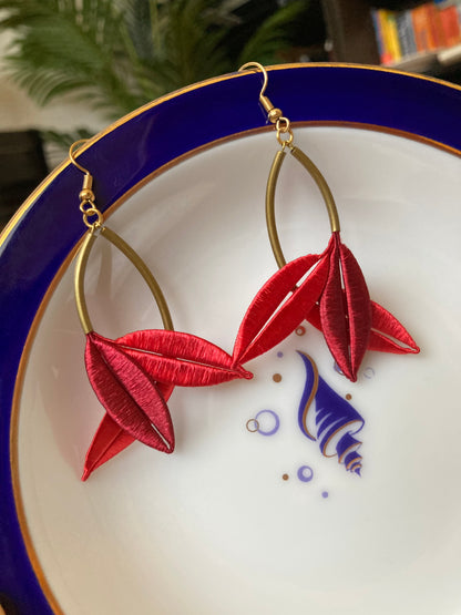 Lourdes•Unique Design Statement Handmade Silky Thread Red Floral Earrings