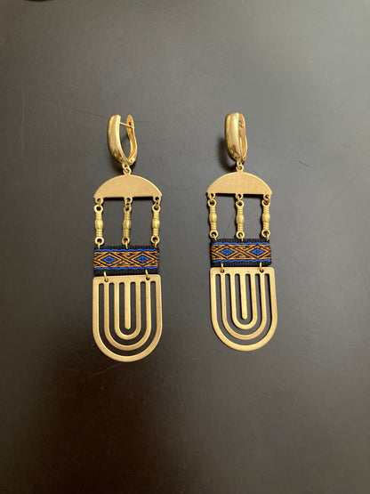 Palenque Temple-Water-Mountain• Aztec-Contemporary Design Golden Earrings