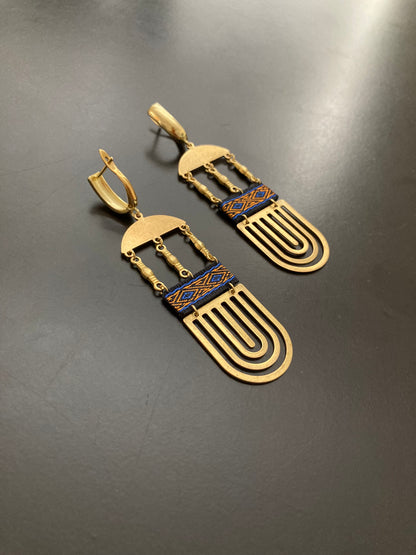 Palenque Temple-Water-Mountain• Aztec-Contemporary Design Golden Earrings