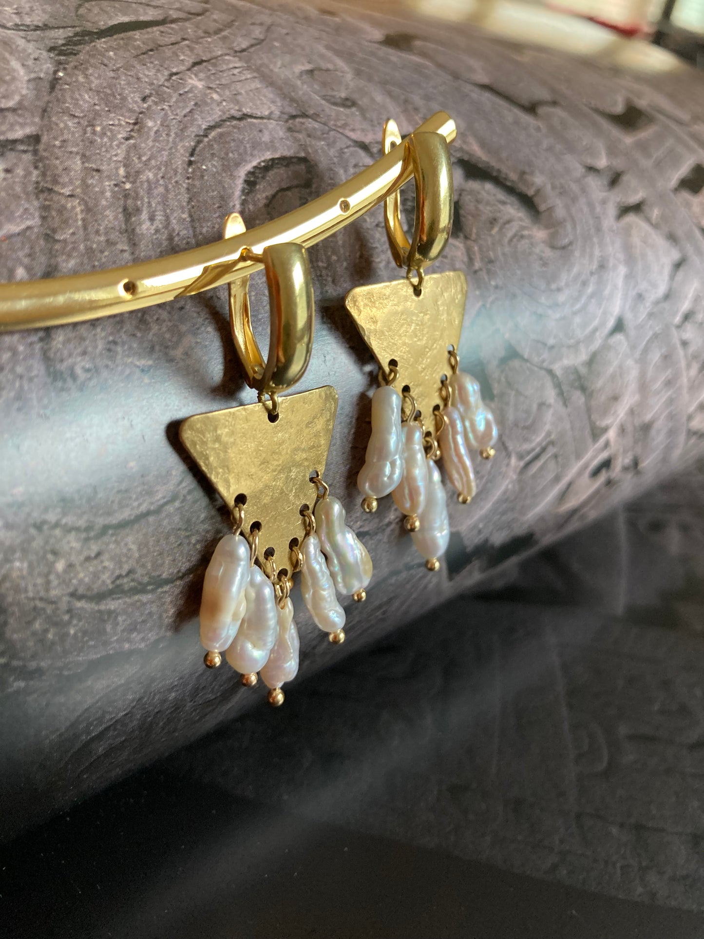 Tulum•Unique Hand Hammered Golden Geometric Freshwater Pearl Earrings
