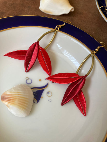 Lourdes•Unique Design Statement Handmade Silky Thread Red Floral Earrings