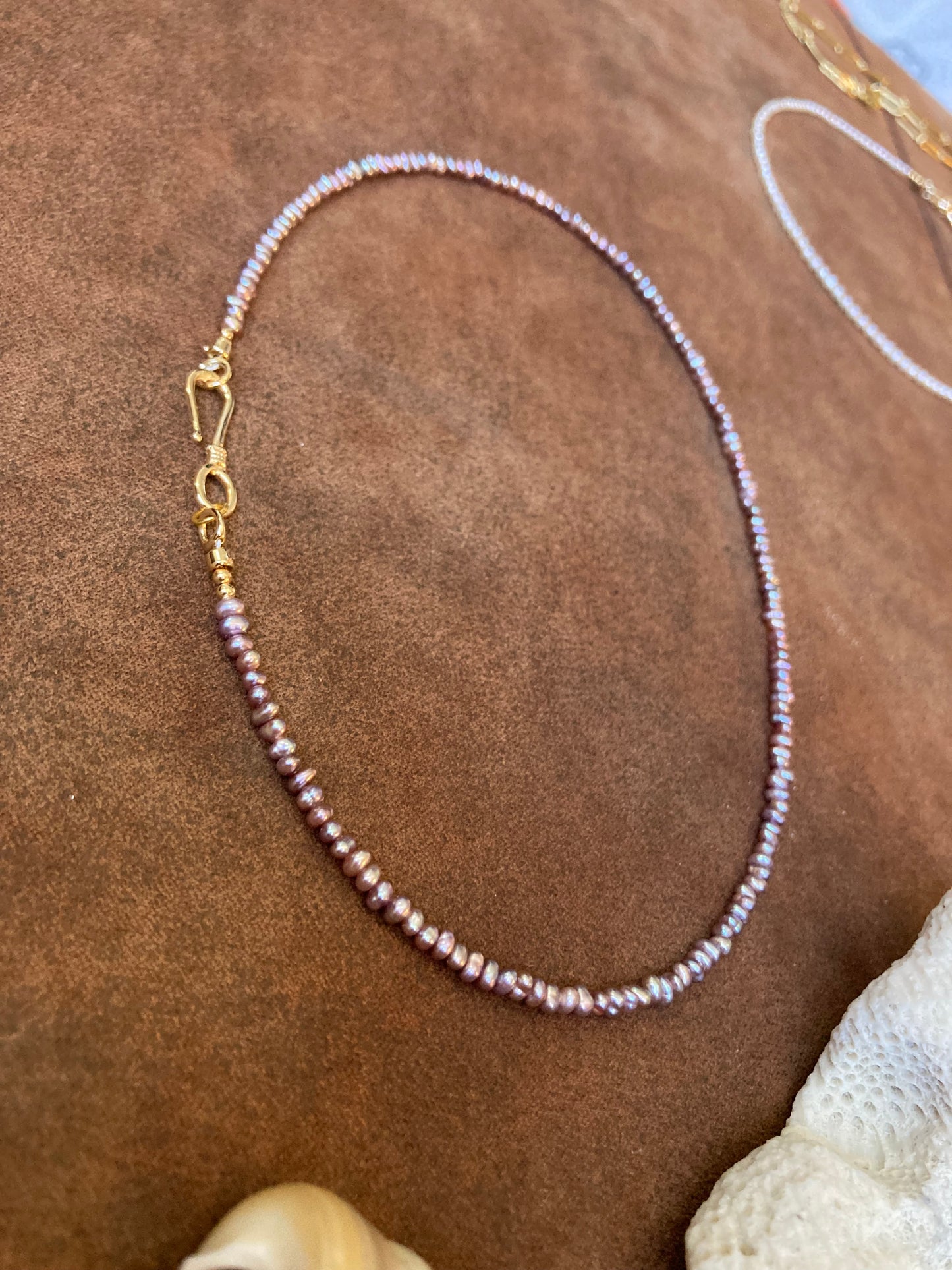 Tiny Purple Freshwater Pearl & Golden Choker Necklace Set