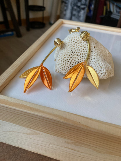 Unique Versatile Design Silky Thread Orange Gold Floral Gold Studs Earrings-Handmade Cultural Jewelry