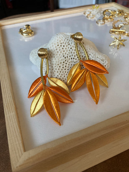 Unique Versatile Design Silky Thread Orange Gold Floral Gold Studs Earrings-Handmade Cultural Jewelry