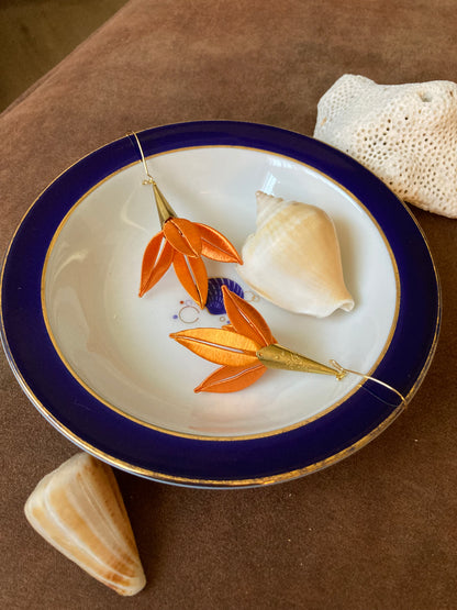 Handmade Orange Silky Thread Leaf Lily Floral Earrings -Unique versatile design