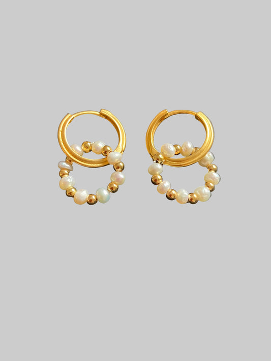 Matte Gold Textured Huggies Earrings w/Freshwater Pearl Wreath