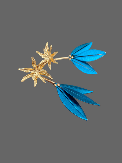 Marjon • Unique Versatile  Design Golden Floral & Peacock Blue Stud Earrings – Handmade Statement Cultural Jewelry