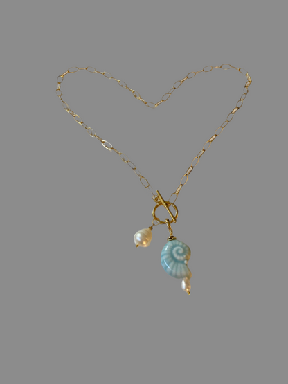 Fun Chic Golden Necklace with Natural Freshwater Pearl & Ceramic Interchangeable Shell Charm