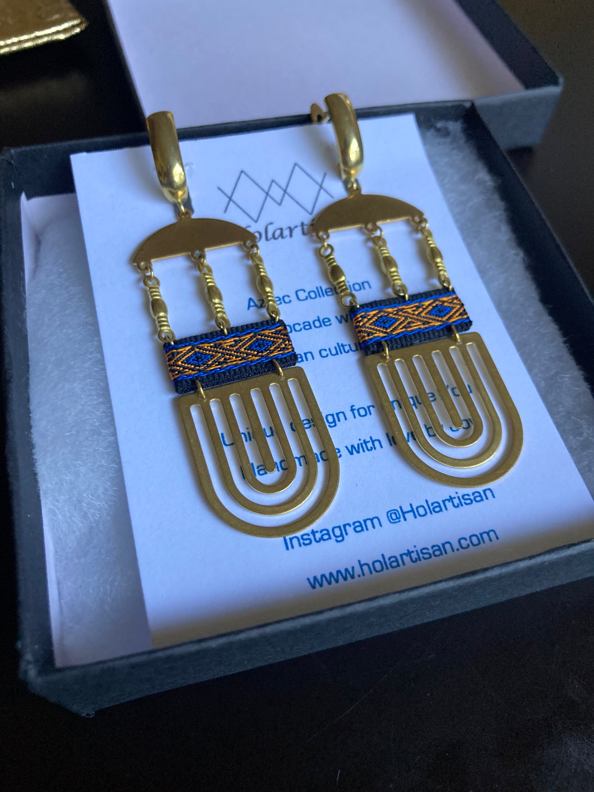 Palenque Temple-Water-Mountain• Aztec-Contemporary Design Golden Earrings