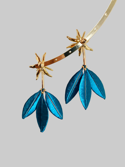 Marjon • Unique Versatile  Design Golden Floral & Peacock Blue Stud Earrings – Handmade Statement Cultural Jewelry