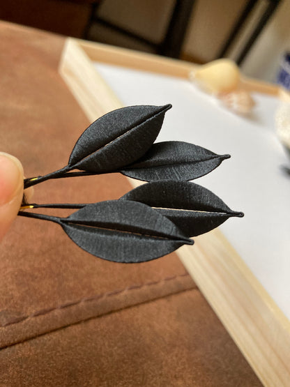 Elegant Handmade Shiny Black Beads Silky Thread Leaf Floral Earrings