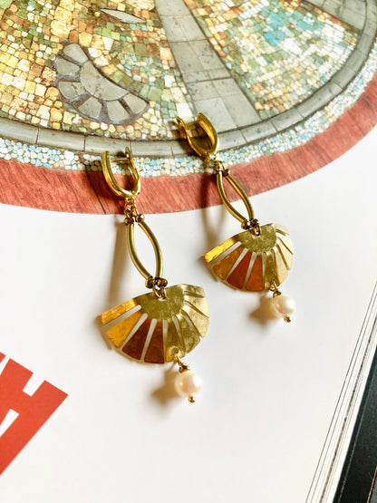 Aztec-Tulum•Unique Freshwater Pearl Golden Geometric Hand Hammered Brass Earrings