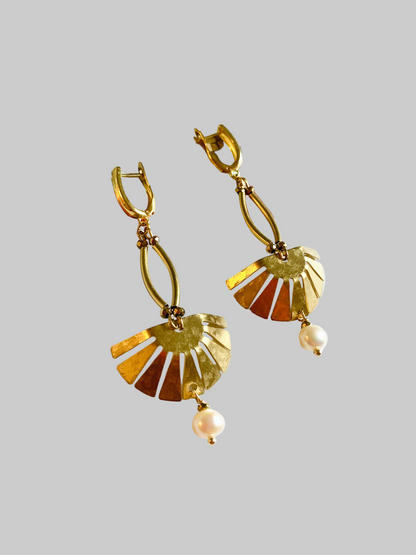 Aztec-Tulum•Unique Freshwater Pearl Golden Geometric Hand Hammered Brass Earrings