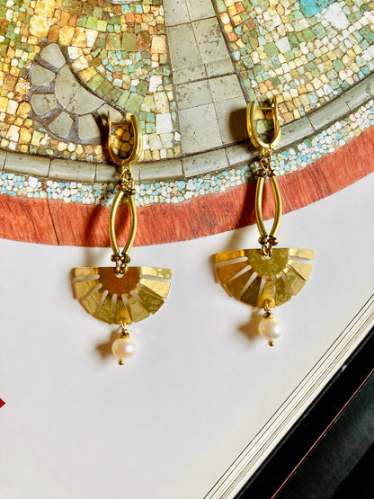 Aztec-Tulum•Unique Freshwater Pearl Golden Geometric Hand Hammered Brass Earrings